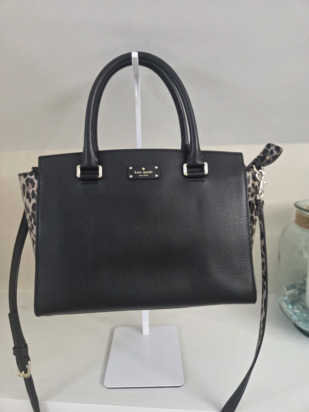 Kate Spade Black Leopard-Print Leather Satchel With Removeable Crossbody Strap
